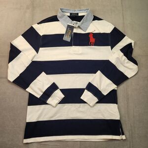 NWT Polo Ralph Lauren Rugby Shirt Youth XL Big Pony Blue White Striped L/S Boys